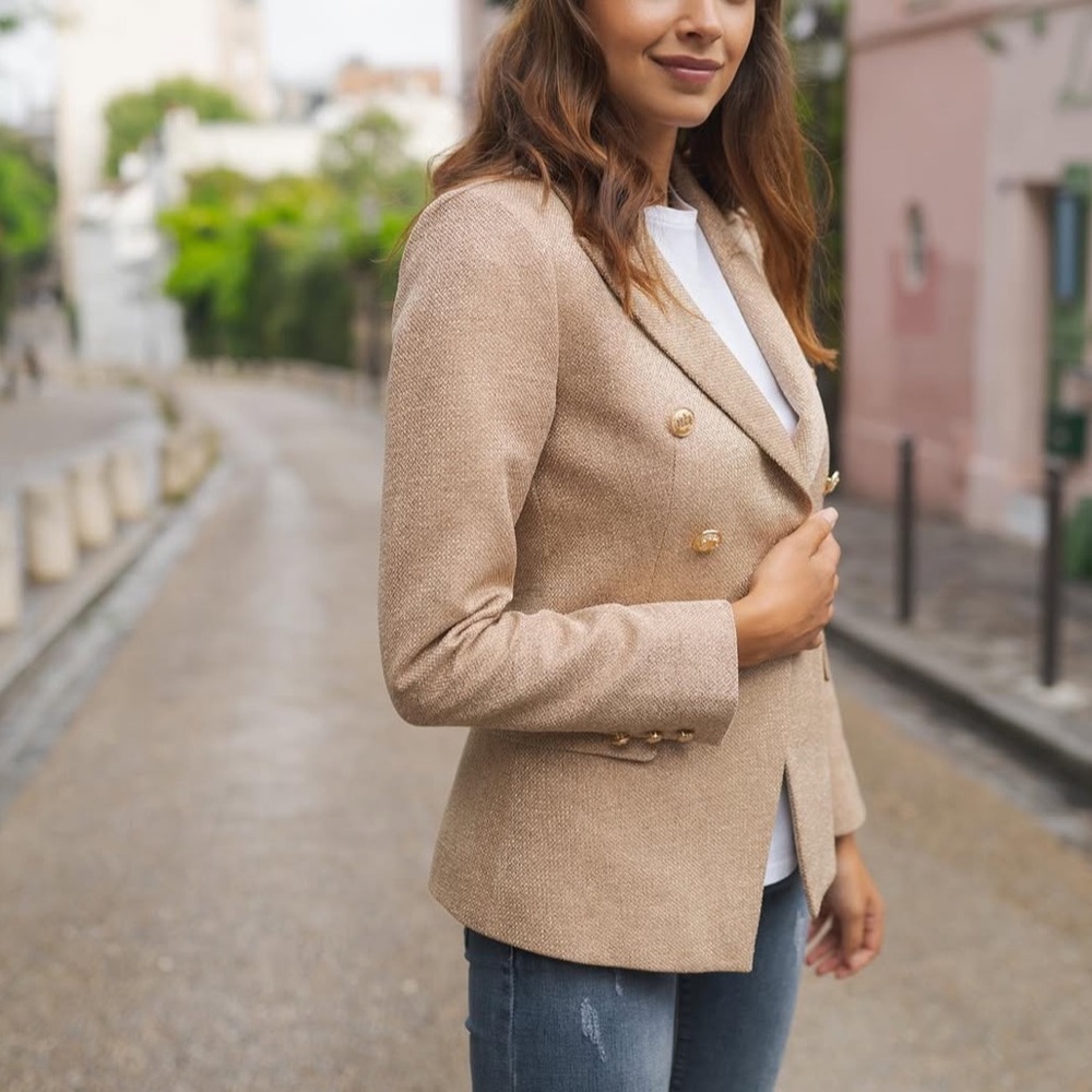 Tan Double-Breasted Blazer with Gold Buttons by ATTENTIF Paris